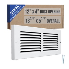 Fits 12x4 Duct Opening | Steel Baseboard Return Air Grille by Handua | Vent Cover Grill | 7/8" Margin Turnback [Depth] to Fit Baseboard | White | Outer Dimensions: 13.75"W X 5.75 "H