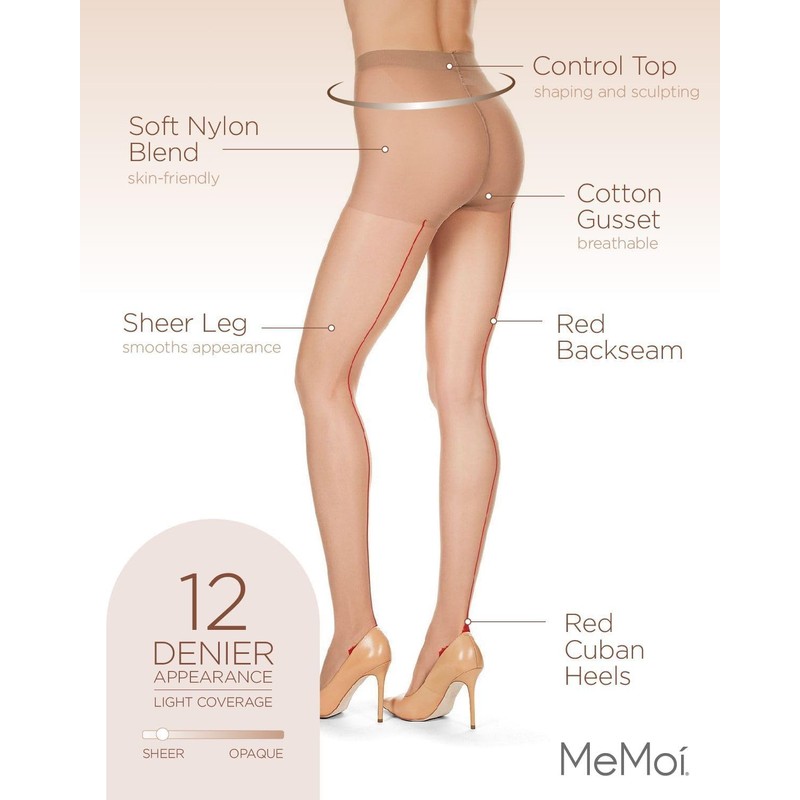 MeMoi Control Top Pantyhose with Backseam & Cuban Heels Nude/Red