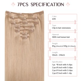 MAXITA Hair Extensions Clip in Human Hair, 7PCS 120g Pinky Dirty Blonde 22 Inch,Clip in Hair Extensions Real Human Hair Extensions Natural Straight Hair for Women