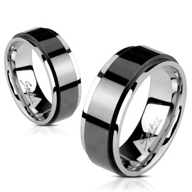 Bungsa Silver Spinner Ring with Black 316L Stainless Steel Rotating Centre Piece Unisex Sizes J to Z Available, Stainless Steel, No Gemstone