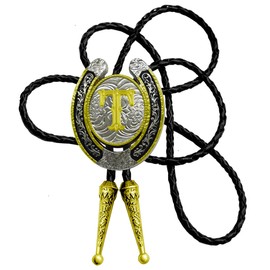 Moranse Upgrate Bolo Tie Golden Initial Letter A to Z In Western Cowboy Horseshoe Style with Cowhide Rope Necktie(T)