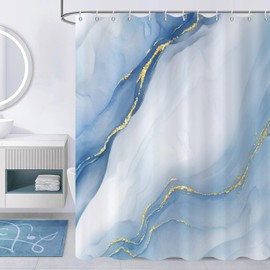 Caheansi Blue Modern Abstract Shower Curtain, Blue Mix Gold Ombre Marble Texture Luxury Bathroom Curtain Waterproof Fabric Machine Washable with Hooks, 72" Wx72 L