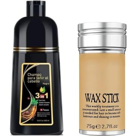 Negro- Shampoo Tinte Instantaneo Para Cabello Cubre Canas Natural Jengibre 500Ml - Champú Instant Hair Dye Color Para Teñir El Cabello 3 En 1 Coloración Al Instante Con Hierbas Unisex, Para Hombre y Mujer (Negro, 500 Ml + Barra de cera para peinar 75g)