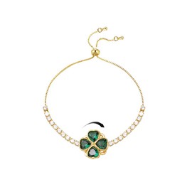 Green Crystal Clover Flower Chain Link Bracelet for Women 14K Gold Plated Stainelss Steel Fashion Cute Delicate Rotatable Heart CZ Lucky Flower Bracelets Adjustable Sweet Dainty Fine Jewelry Gifts