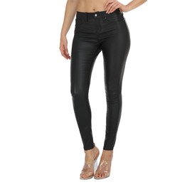 WAYRUNZ Junior Stretchy Jegging Faux Leather Pants Mid-Rise Skinny Jeans for Women (053-leather Black-8)