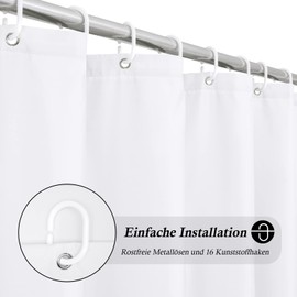 EurCross Shower Curtain 240 x 180 cm, Extra-Wide, White, Waterproof Washable Anti-Mould Bath Curtain, Textile Fabric Bathtub Curtain with 16 Rings