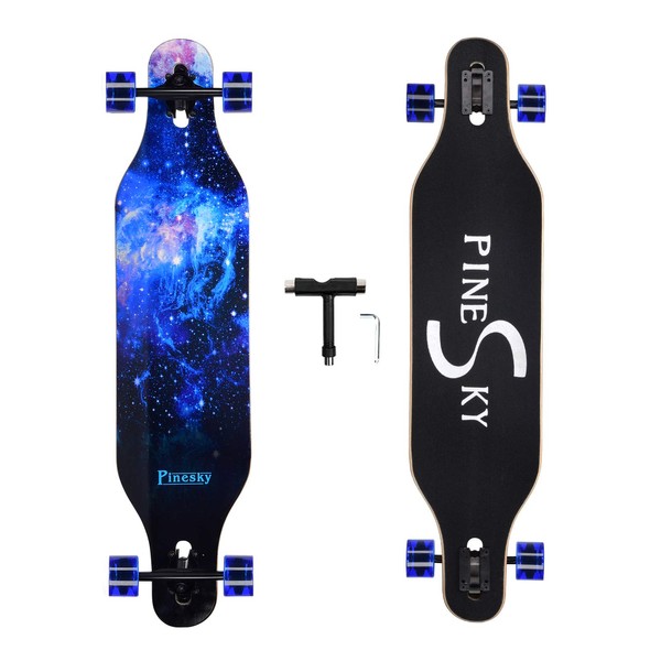 PINESKY 41 Inch Longboard Skateboard 8 Ply Natural Maple Complete Skateboard Cruiser for Cruising, Carving, Free-Style and Downhill with T-Tool (Blue Sky)