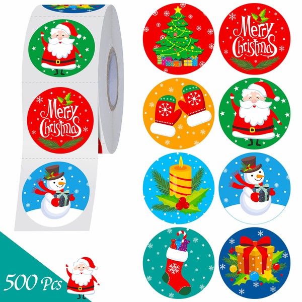 500 PCS Christmas Stickers, 8 Designs Roll Stickers Winter Holiday Decoration Santa Claus, Snowman Round Labels for Xmas Display Envelope Seal Party Supplies with Perforation line (1.5” Each)