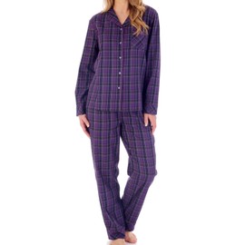 Slenderella Ladies Purple Check Pyjamas Button Up Top & PJ Bottoms Yarn Dyed Cotton Set (UK 16/18)