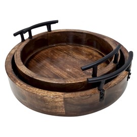 Handmade Round Wooden Serving Tray Set of 2 with Metal Handles Deep Rustic Design Perfect for House Parties Kitchen Decor and Daily Use
