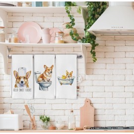 IWXYI Funny Corgi Kitchen Hand Towels Set of 3, Dog Lover Gifts, Dish Tea Towels 16 X 24 Inches