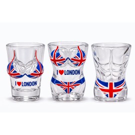 London Souvenir Shot Glass Set of 3 – 30ml Novelty Union Jack Body Design Glasses – I Love London Tourist Party Shooter Glass Collection (LDN 3 Set)
