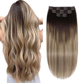 XDhair Haarverlängerung, Echthaar, Clip in Dunkelbraun bis Hellbraun und Aschblond, Extensions, Echthaar, 40 cm, 100 g, 6 Stück, Remy Shark Flex Style Hair (#2/6/18-40)