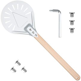 Round Perforated Pizza Peel Non-slip Durable Aluminum Turning Peel Pizza Paddle with 16 Inch Anti-Scalding Wooden Handle for Homemade Pizza Bread Bakers (7 Inch)
