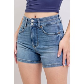 Judy Blue High Waist Tummy Control Cool Denim Shorts Double Waistband Stretchy Summer Shorts for Women – 150337 (US, Alpha, Large, Regular, Regular, Blue)