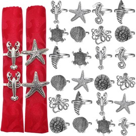 Davifina Ocean Themed Napkin Rings Set of 24 Retro Silver Starfish Shell Lobster Sea Turtle Napkin Holders for Home Wedding Summer Beach Holiday Party Coastal Table Decor