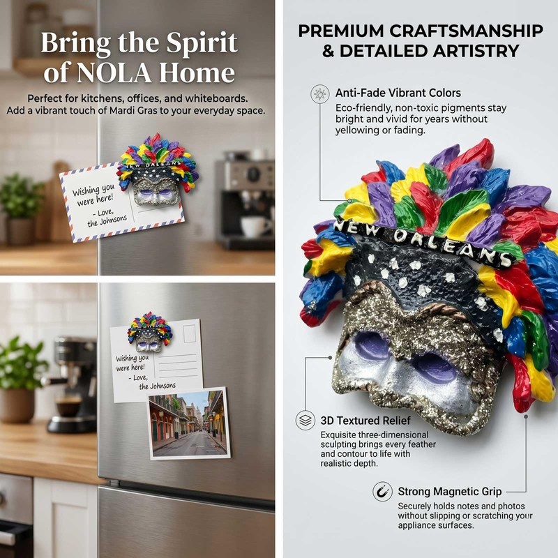 3D Resin Fridge Magnet New Orleans Mardi Gras Mask Unique