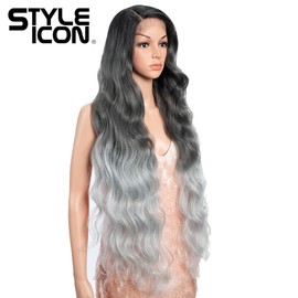 Style Icon Super Long Body Wave Lace Front Wig 40 Inch Grey Gradient Long Curly Wave Wig for Women Synthetic Side Part Lace Front Wig Pre Plucked Heat Resistant Fiber (GT4/GREY/60F)