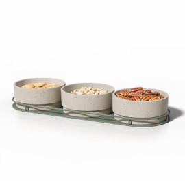 Ceramic Chip and Dip Serving Tray Set – 8-Piece Snack Platter with Round Wooden Base – 7 x 3oz Small Bowls & 1 x 14oz Dip Bowl – Microwave, Oven & Dishwasher Safe – Chip & Dip Set for Snacks & Sauces