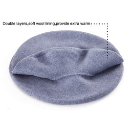 Women Wool Beret Cap Blue Winter Hat with Floral French Style Barette Female