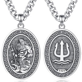 INFUSEU Sterling Silver Poseidon Trident Necklace for Men Greek Mythology Jewelry 925 Amulet Pendant Fathers Power Protection Gift