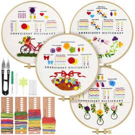 TINDTOP 4 Sets Embroidery Kit for Adult Beginners, Embroidery Kit for Beginners Include Embroidery Cloth Hoops Threads for Craft Lover Hand Stitch with Embroidery Skill Techniques
