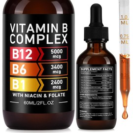 Vitamin B Complex Liquid Drops, 60ml High Strength B-Vitamin Complex Drops Vitamin B3 B6 B12 B1& Folate, Supports Immune System and Energy Levels, Brain Heart Function (60ML)