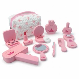 Wooden Makeup Toy Set for Girls Pretend Play Makeup Kit with Eyeshadow/ Mascara/ Perfume/ Blush/ Mirror/ Bag Perfect Toddler Montessori Toys Birthday Gift Ideas for Kids Aged 3 4 5 6 7 8