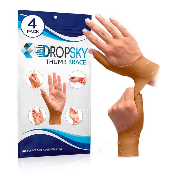 DropSky [4pcs] Soporte de gel para muñequeras para pulgar suave, impermeable, transpirable, alivio del dolor, túnel carpiano, artritis, pulgar, se adapta a ambas manos, ligero, terapéutico de goma y látex, apoyo estabilizador (nude)