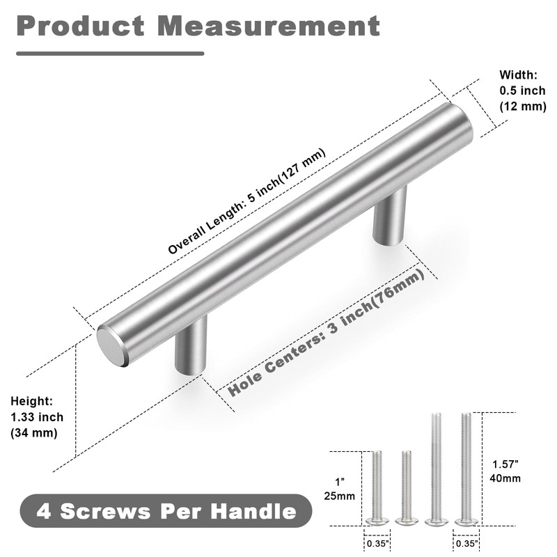 Estmoon 30 Pack Brushed Nickel Cabinet Handles 3 Inch Hole