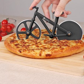 Asdirne Pizza Cutter, Bicycle Pizza Cutter Wheel with Non-Stick Stainless Steel Super Sharp Blades, Novelty Gift, 7.5", Black
