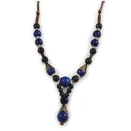 Avalaya Black/Midnight Blue Round Ceramic Bead with Brown Silk Cords Necklace/56cm-80cm L/Adjustable