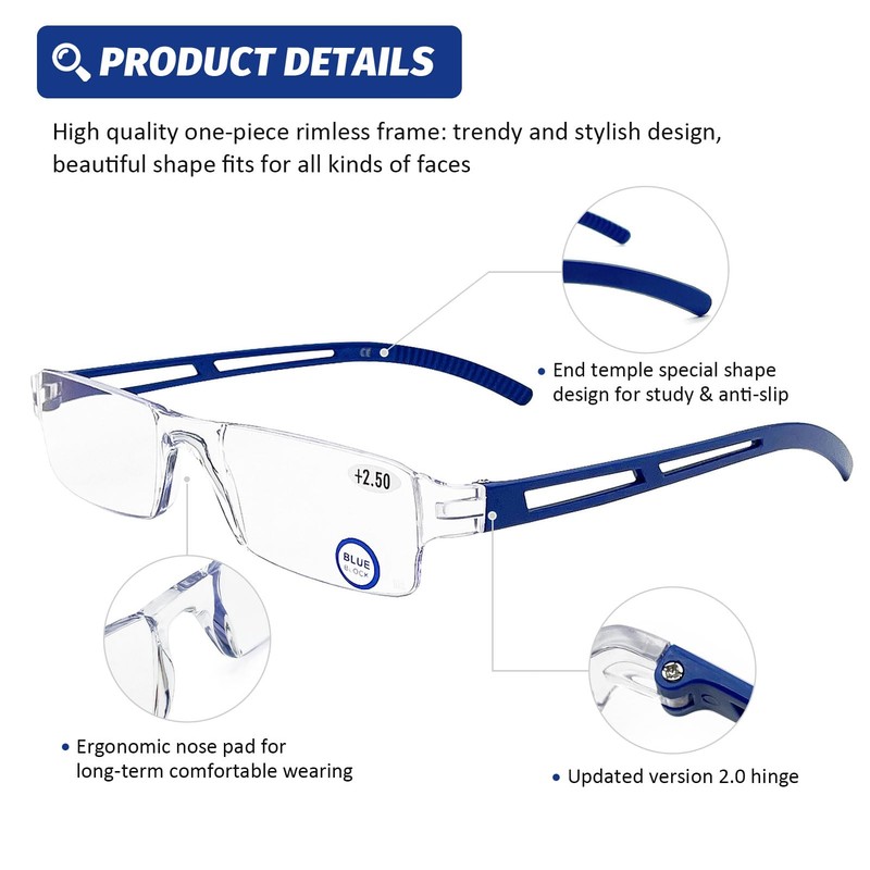 DOOViC 5 Pack Rimless One-Piece Design Reading Glasses Blue Light