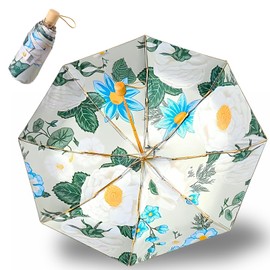 Double Layer Canopy Compact Umbrella 8-Rib Windproof ? Small Folding Travel Umbrella with Wooden Handle, UPF50+ UV Sun Rain Protection ? Lightweight, Portable, for Women Kids Outdoor Beach Golf