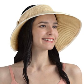 SUN CUBE Sun Visor Hats Women, Straw Beach Hats for Women, Wide Brim Summer Ponytail Hat, Packable Rollup Visor, Travel Foldable UV Protection Sunhat - Beige