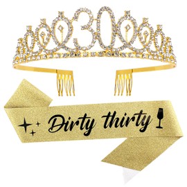 Semato 30th Birthday Sash & Rhinestone Tiara Kit - 'Dirty thirty' Happy 30th Birthday Gifts for Women - Gold