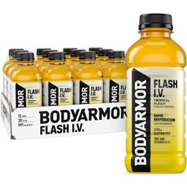 BODYARMOR Flash I.V. Electrolyte Beverage, Tropical Punch, Hydration Drink with Coconut Water For Rapid Rehydration, Post Workout Recovery, 20 Fl Oz (Pack of 12)