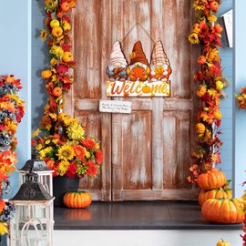 Thanksgiving Gnome Welcome Door Sign Gnomes Fall Pumpkin Hanging Sign Autumn Fall Maple Pumpkin Wooden Signs Decorative Wall Plaque with Rope for Outdoor Farmhouse Porch Front Door Decoration