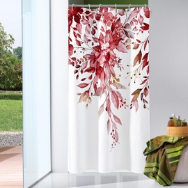 Gibelle Small Stall Shower Curtain 36 x 72, Narrow Half Burgundy Red Floral Shower Curtain for Bathroom, Watercolor Plant Eucalyptus Leaves Fabric Shower Curtain Set with Hooks