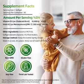 LIVEGIS Vitamin D3 K2 Softgels, D3 10000 IU with K2 (MK-7) 200 mcg with Coconut Oil Softgels, Easy to Swallow 2 in 1 Vitamins D & K, Supports Calcium Absorption, Immune and Heart Health - 90 Counts