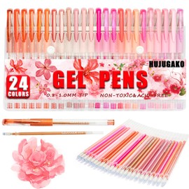 HUJUGAKO 48 Pack Red Pink Gel Pens, 24 Colored Gel Pen with 24 Refills,40% More Ink Write Smooth for Adults Coloring Books Drawing Doodling Scrapbooks Bullet Journaling