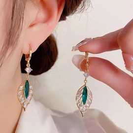 Yienate Boho Crystal Leaf Drop Dangle Earrings Gold Huggie Hoop Earrings Statement Green Gemstone Leaf Drop Earrings Rhinestone Wedding Earrings St Patricks Day Earrings Jewellery for Women, Zinc, No