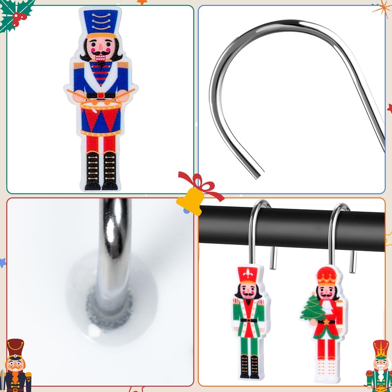 MALLMALL6 Christmas Shower Curtain Hooks - 12Pcs Xmas Nutcracker Decorative