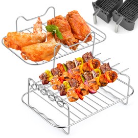 Pack of 2 Dual Zone Hot Air Fryer Accessories, Frame with Skewers, Air Fryer Rack for Ninja Dual, Dehydrator Rack with 4 Skewers, Stainless Steel Grill Rack for 304 Fryer with Double Drawer