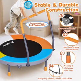 Premium 3FT Foldable Toddler Trampoline for Kids Ages 1-6, 36 Inch ASTM Certified Mini Trampoline with Adjustable Handle, 100 lbs Capacity, Quiet Elastic Bands, Safe for Indoor Outdoor Use