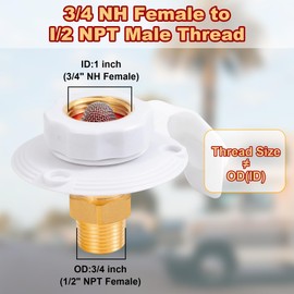 RV Water Inlet Connection City Water Fill Inlet Flange Brass with Check Valve,3/4 NH Female to 1/2 NPT Male RV City Water Inlet,Lead-free Brass RV Fresh Water Inlet with Dust Plug for RV Camper(White)