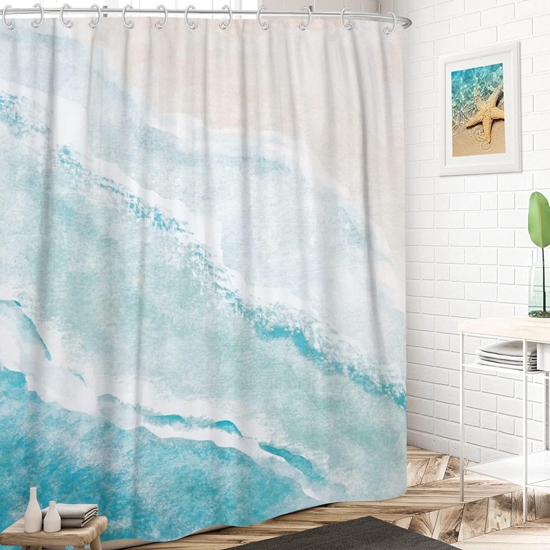 GCIREC Beach Shower Curtain, Teal Blue Coastal Ocean Beach Theme