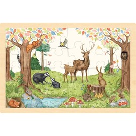 goki 57308 - Einlegepuzzle Auf der Lichtung aus Holz, Holzpuzzle mit Waldtieren, Lernspielzeug und Kinderpuzzle, fördert Fantasie und Motorik der Kinder, 30cm x 20cm, 24er Set, ab 3 Jahre