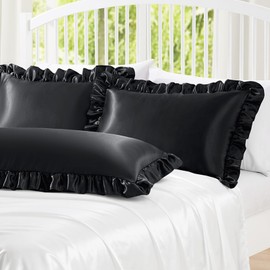 Homiest Ruffle Satin Body Pillow Cover, Silky Satin Body Pillowcase with Envelope Closure, Luxury & Ultra Soft Body Size Pillow Cases for Hair and Skin, Ruffled Long Pillow Shams (Black)