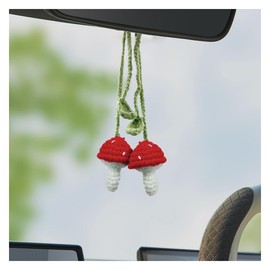 2PCS Crochet Mushroom Car Accessories, Cute Car Mirror Hanging Charm, Automotive Interior Aesthetic Decoration Pendant, Rear View Mirror Accessories for Women (Red)